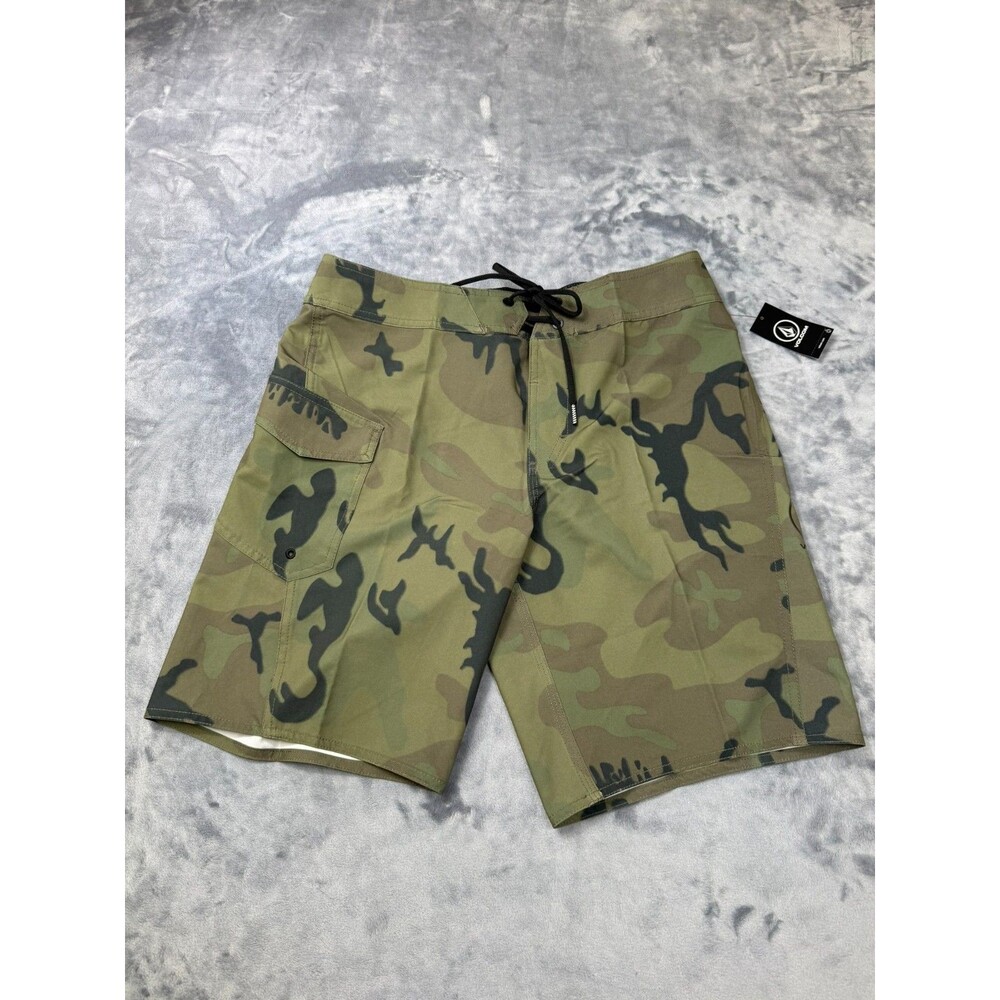 Volcom Manic 2 Boardshorts 20 Mens Size 30 Green Camoflauge Pockets Drawstring